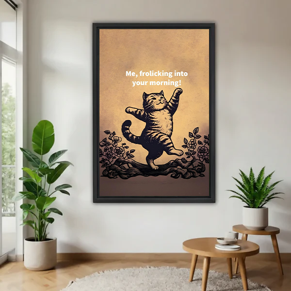 Funny dancing cat framed canvas wall art print vintage woodcut style living room decor