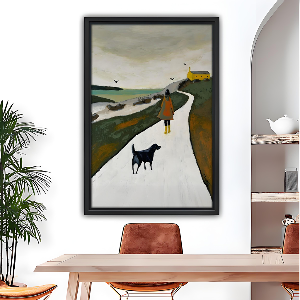 Nordic coastal walk woman and black dog framed canvas wall art, black frame, moody oil painting style, grey-green landscape, modern dining room decor