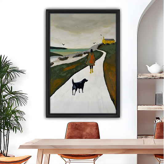 Nordic coastal walk woman and black dog framed canvas wall art, black frame, moody oil painting style, grey-green landscape, modern dining room decor