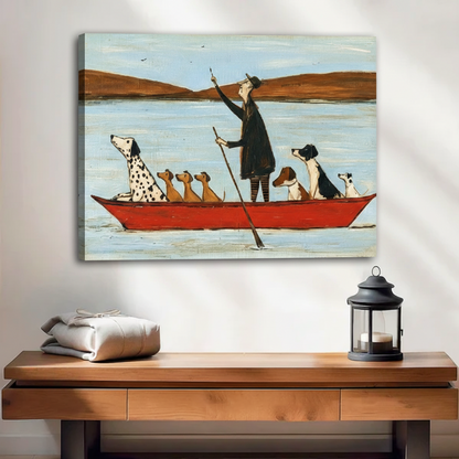 Whimsical folk art dogs on red boat gallery wrap canvas print displayed above console table in warm entryway