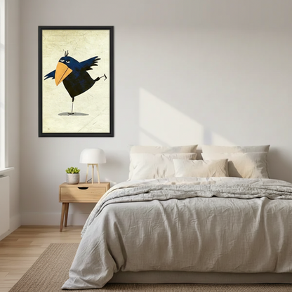 Whimsical crow framed wall art above bed in Scandinavian bedroom — black frame illustrated bird print