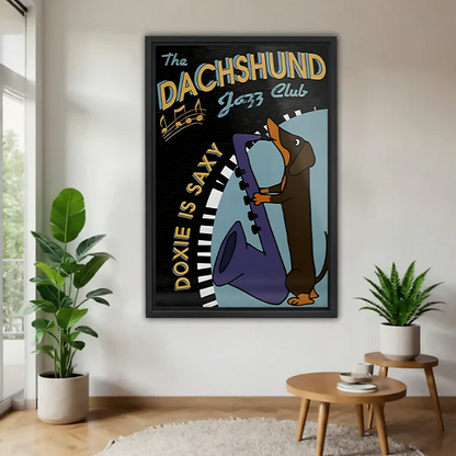 Retro dachshund jazz club saxophone poster wall art in black frame with indoor plants