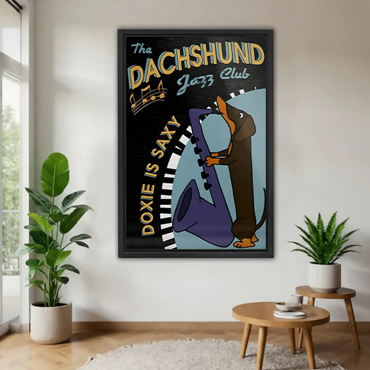 Retro dachshund jazz club saxophone poster wall art in black frame with indoor plants