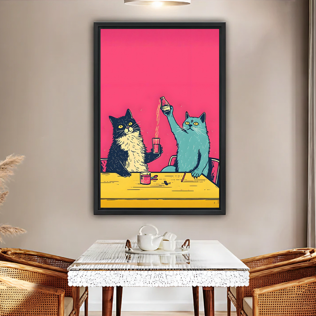 Pop art cats party framed canvas wall art in black frame above glass dining table with rattan chairs in warm beige room