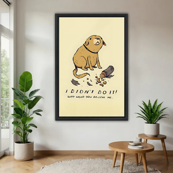 Funny cartoon dog I didn't do it framed canvas wall art – humorous guilty dog print in minimalist living room with plants
