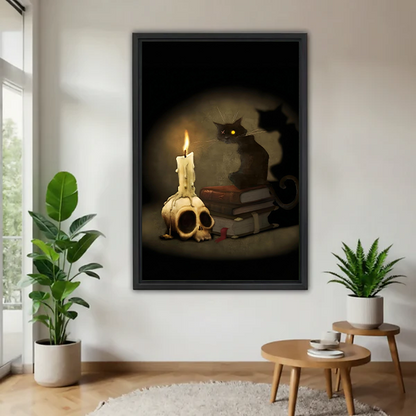 Gothic black cat canvas wall art with books and a skull candle, black-framed between potted plants.