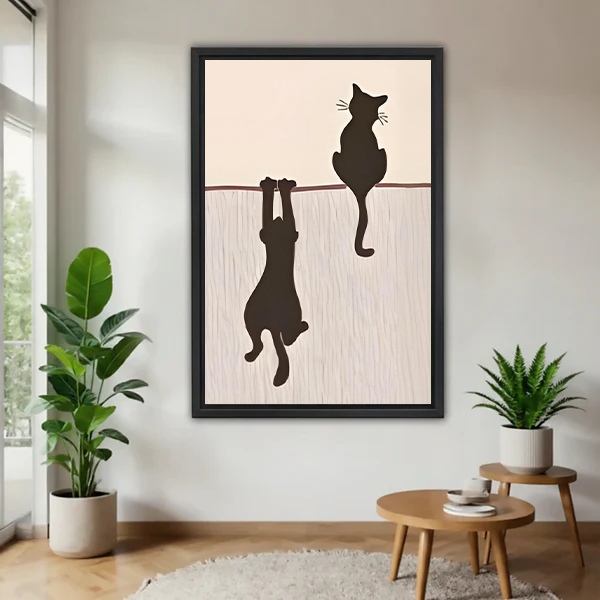 Funny two black cats hanging silhouette minimalist framed canvas wall art in modern living room with plants