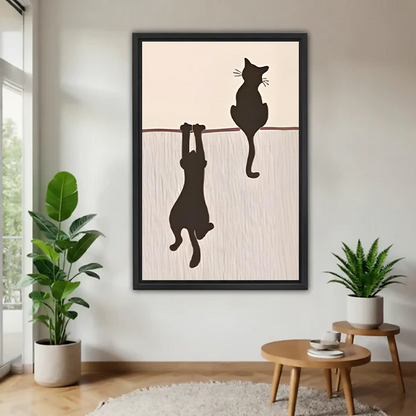 Funny two black cats hanging silhouette minimalist framed canvas wall art in modern living room with plants