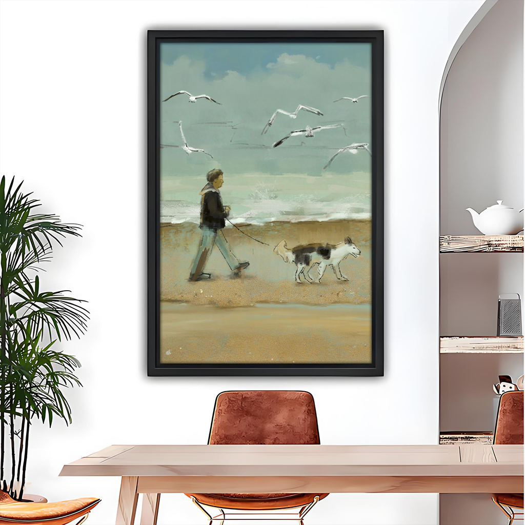 Beach Dog Walk Coastal Oil Painting Black Framed Wall Art Print Dining Room Decor