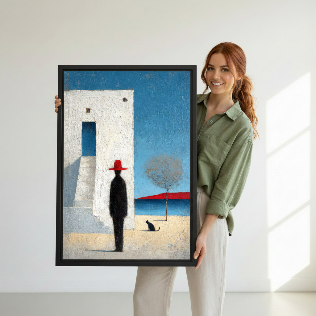 Woman holding large Mediterranean minimalist framed canvas wall art print