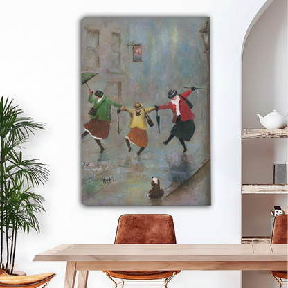 Gallery wrap canvas art of three women dancing joyfully in the rain, vintage oil painting style, dining room wall decor