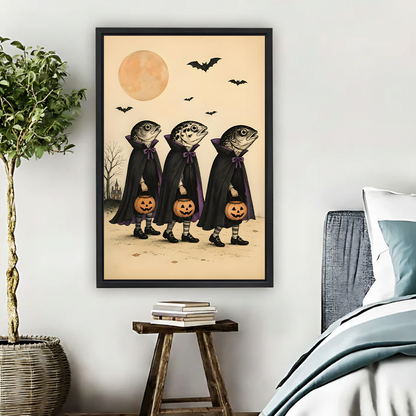 Gallery-wrap fish vampire Halloween canvas wall art displayed above a bedside table with a leafy plant