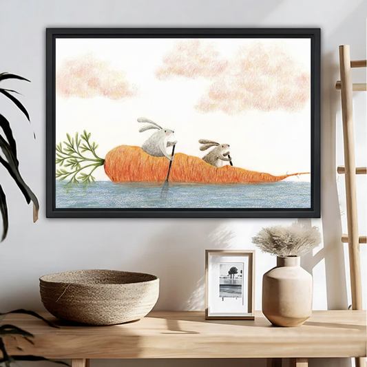 Bunny Carrot Boat Art Print – Two Rabbits Rowing a Carrot on Water, Whimsical Kids Wall Decor