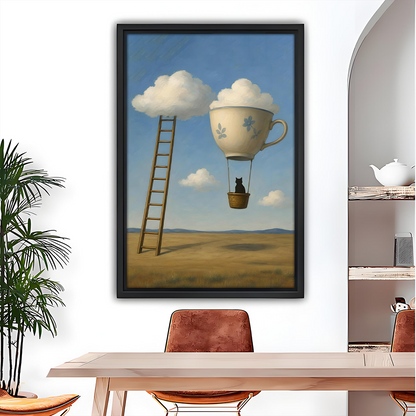Whimsical cat teacup hot air balloon wall art print in black frame, dining room decor