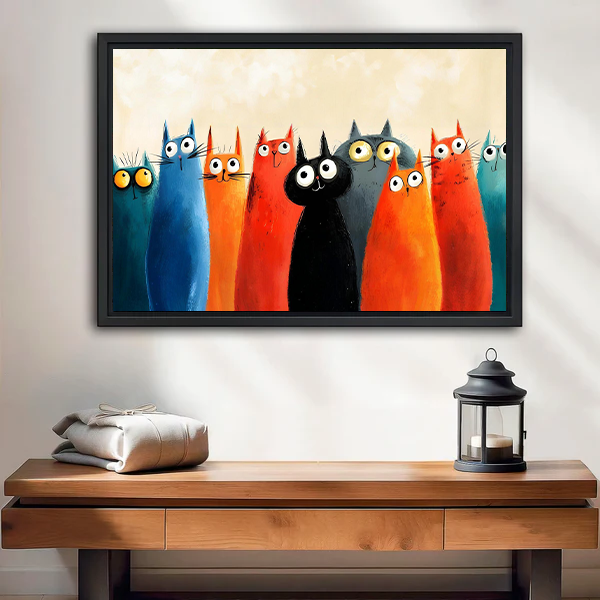 Colorful cats gang funny framed canvas wall art – vibrant whimsical cat print above entryway table