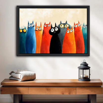 Colorful cats gang funny framed canvas wall art – vibrant whimsical cat print above entryway table