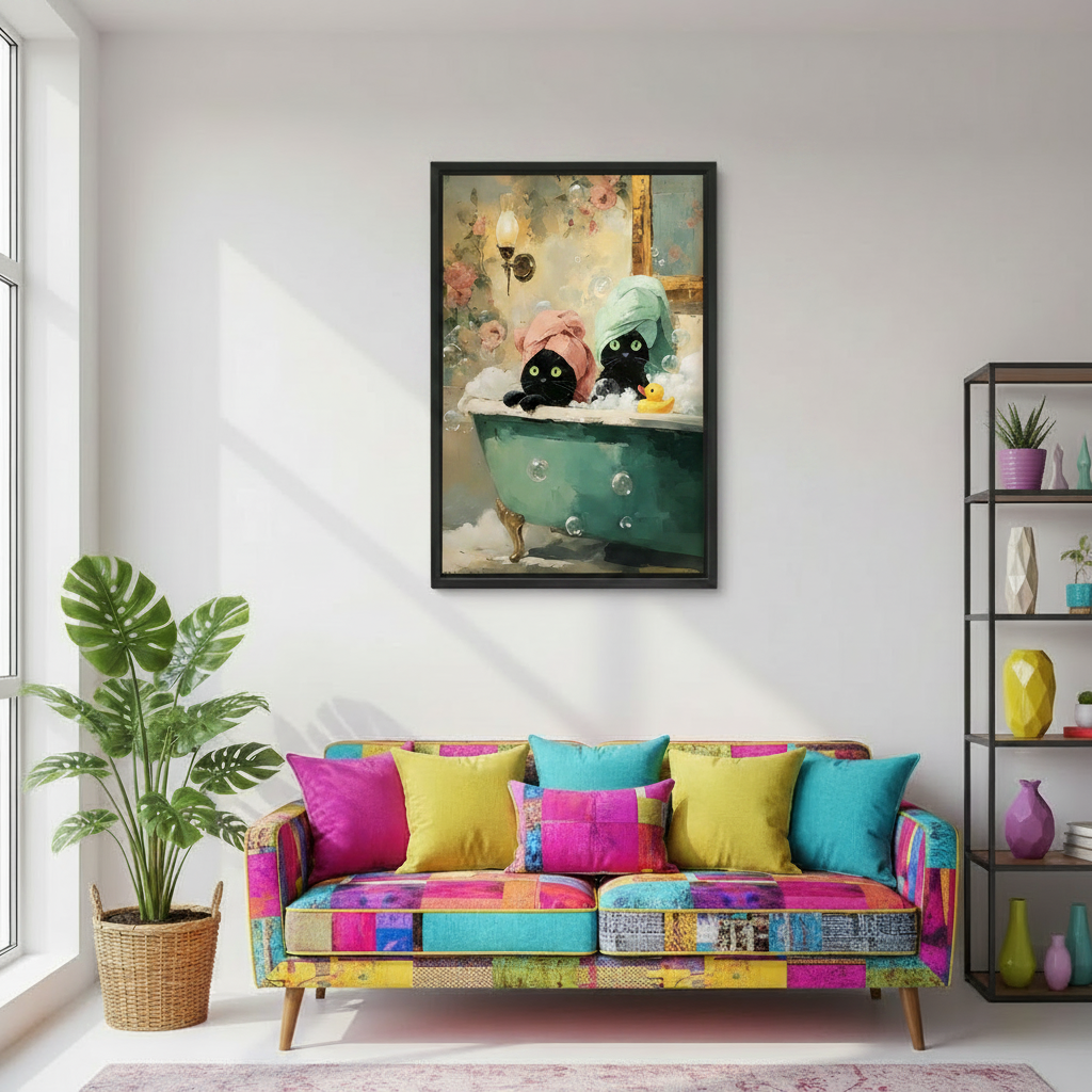 Whimsical black cats bathtub oil painting framed canvas art in colorful eclectic living room