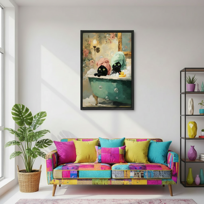 Whimsical black cats bathtub oil painting framed canvas art in colorful eclectic living room