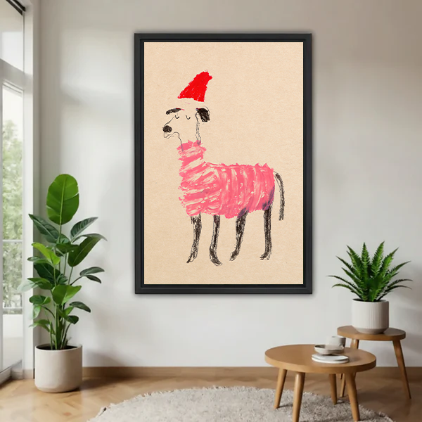 Whimsical greyhound dog in pink striped sweater and red Santa hat crayon sketch framed canvas wall art in black frame displayed in bright living room with tropical plants