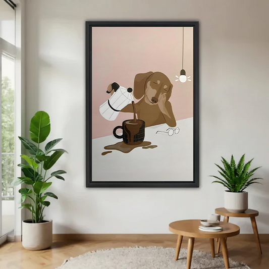 Minimalist dachshund coffee wall art print in black frame displayed in modern living room