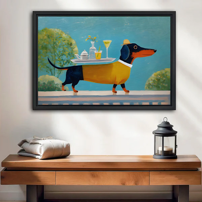 Framed dapper dachshund tea party vintage wall art print above wooden console table