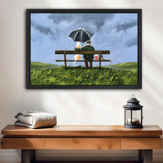 Old man cat rainy day bench framed canvas above entryway console table, cozy emotional wall art home decor