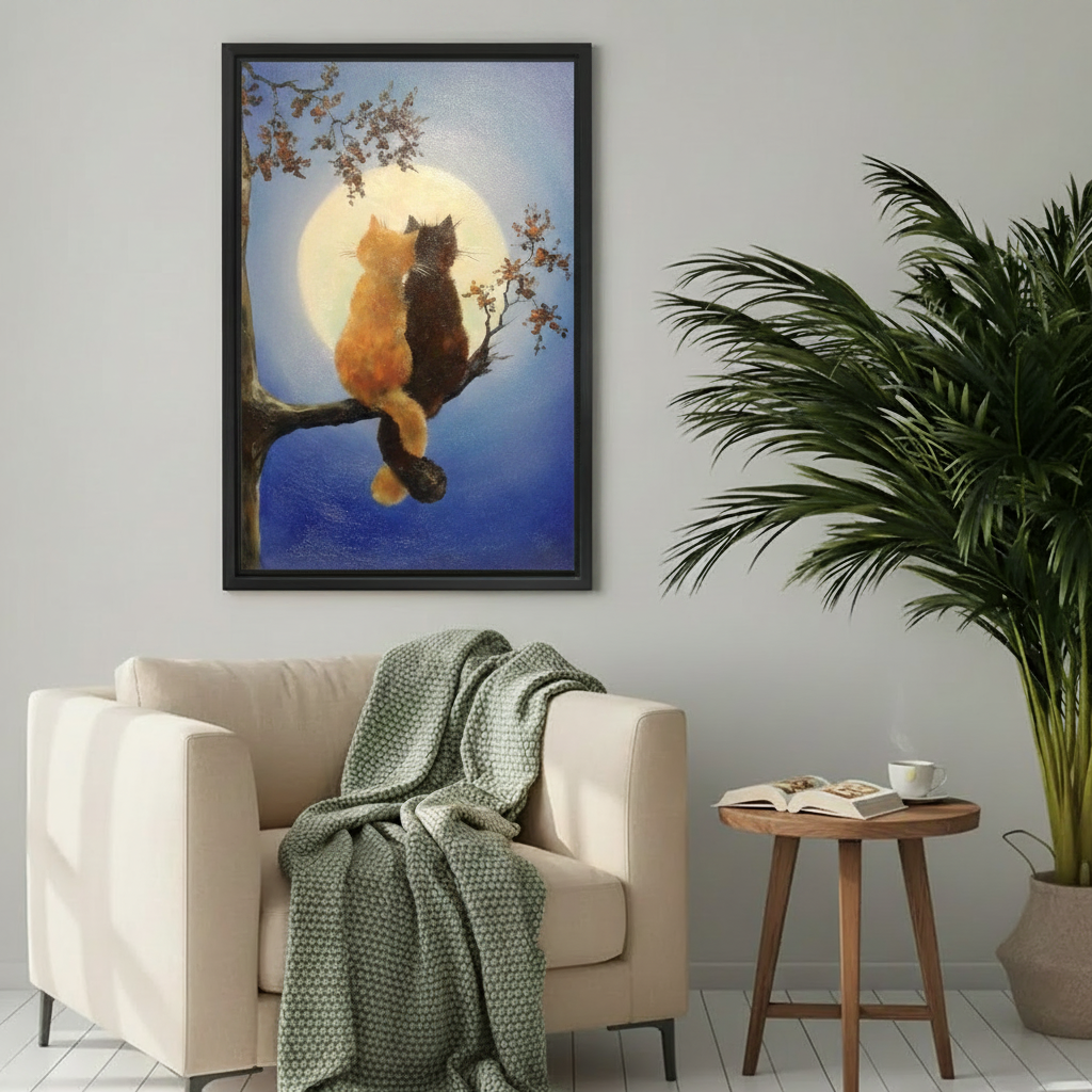 Moonlight Cats Romantic Framed Canvas Wall Art l2033