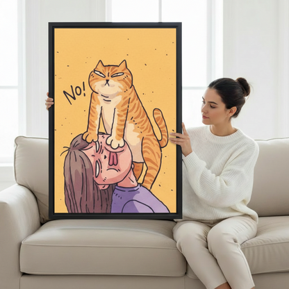 Woman holding funny cat says No whimsical illustration framed canvas art in bright living room