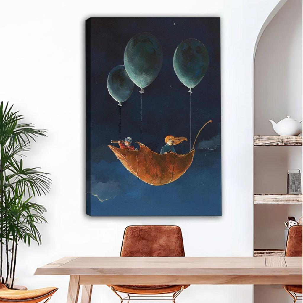 Frameless gallery wrap canvas of whimsical balloon leaf children night sky illustration hung above a wooden dining table, dark blue fantasy art