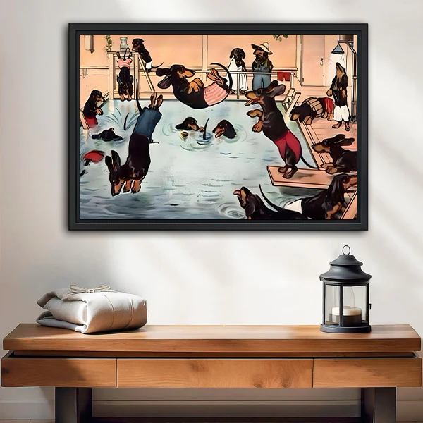 Vintage Dachshund Pool Party Black Framed Wall Art Print Entryway Decor