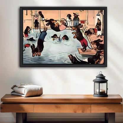 Vintage Dachshund Pool Party Black Framed Wall Art Print Entryway Decor