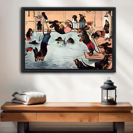 Vintage Dachshund Pool Party Black Framed Wall Art Print Entryway Decor
