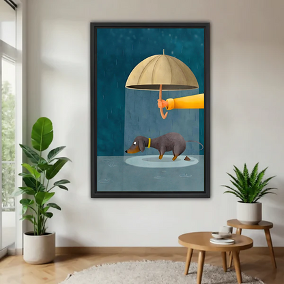Funny dachshund umbrella rainy night illustration black framed wall art print above wooden side table in cozy living room with plants