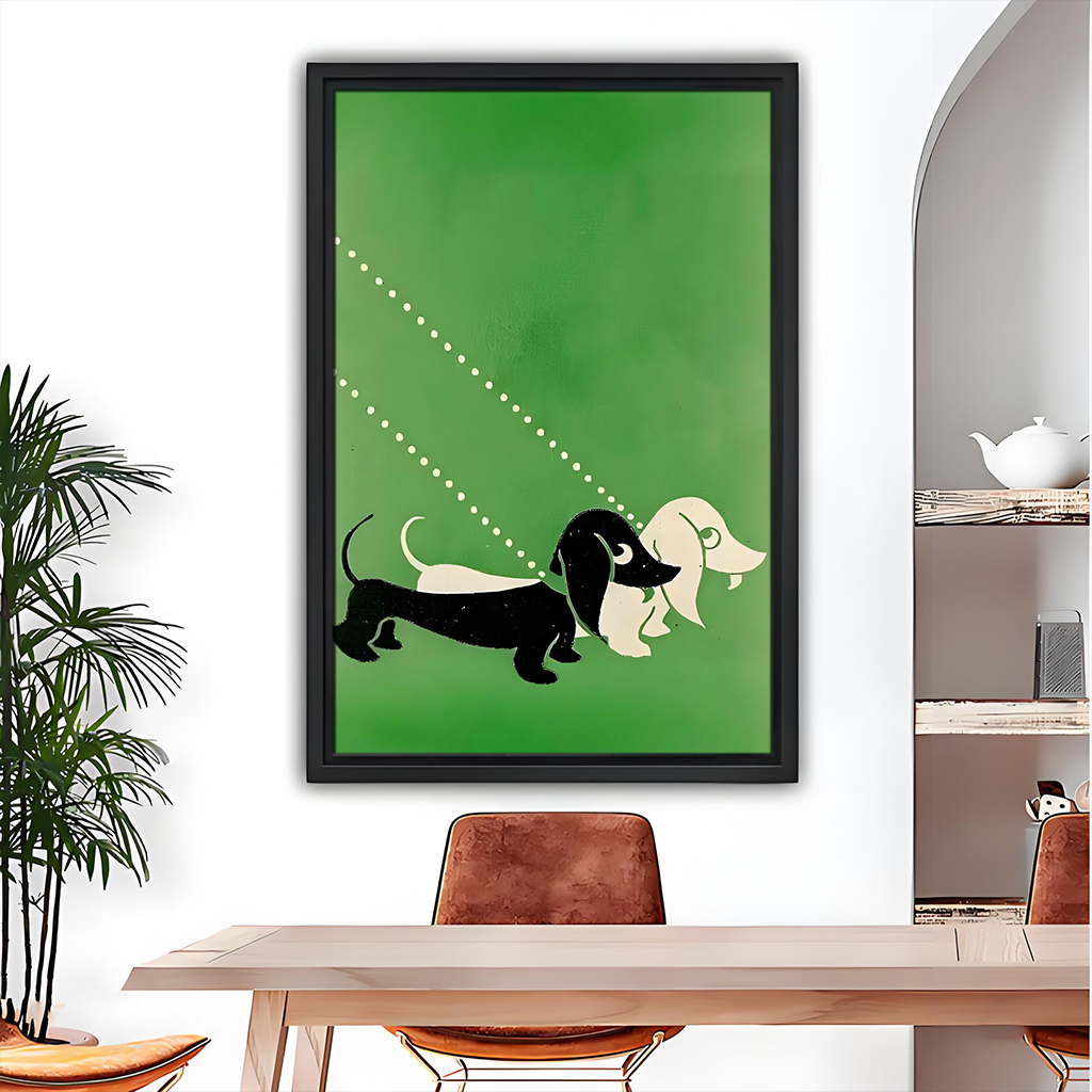 Retro dachshund duo minimalist green framed wall art print – dining room dog lover decor
