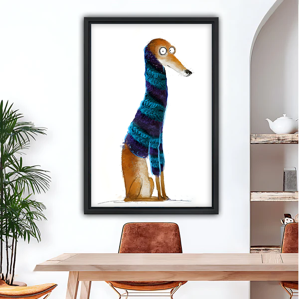 Funny brown greyhound wearing blue purple striped knit scarf whimsical watercolor framed canvas wall art in black frame above wooden dining table with arched wall and palm plant