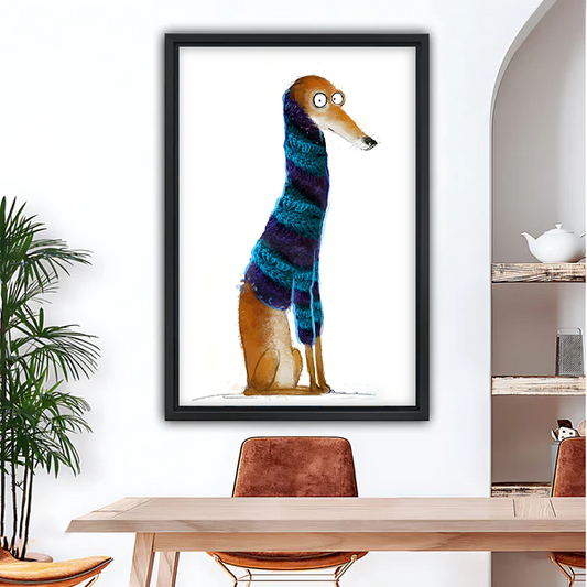 Funny brown greyhound wearing blue purple striped knit scarf whimsical watercolor framed canvas wall art in black frame above wooden dining table with arched wall and palm plant