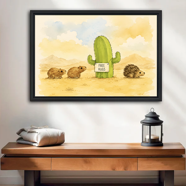 Whimsical watercolor framed canvas wall art of a cactus holding a Free Hugs sign with two guinea pigs and a hedgehog in a sunny desert, entryway console table decor