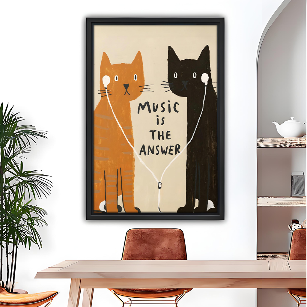 Music cats pop art wall print in black frame above dining table with orange and black cats sharing earphones