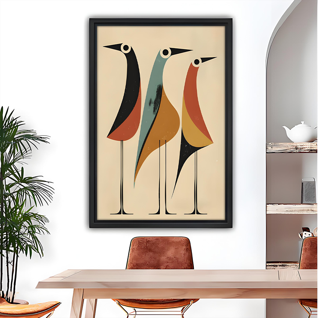 Mid-Century Modern Abstract Birds Trio Black Framed Wall Art Print Dining Room Decor