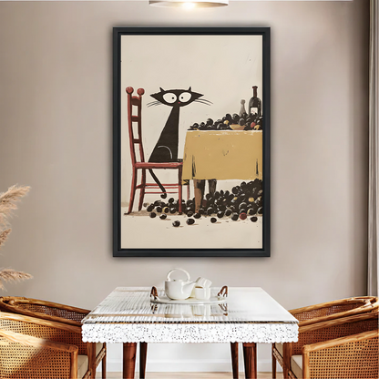 Vintage black cat and grapes framed wall art in black frame above rattan dining table