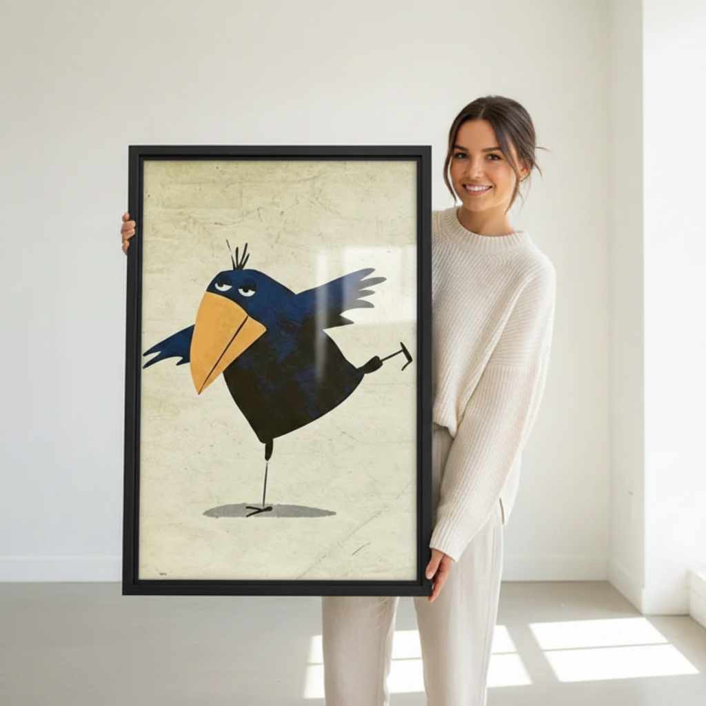 Woman holding large whimsical crow framed canvas print — black frame bird wall art size reference