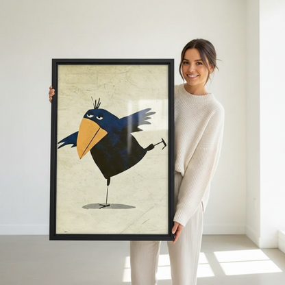 Woman holding large whimsical crow framed canvas print — black frame bird wall art size reference