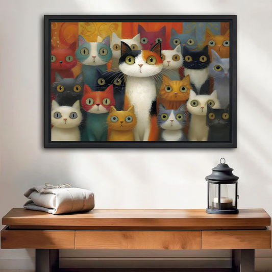 Gallery-wrap colorful cats canvas wall art featuring a central calico above a wooden console beside a black lantern.