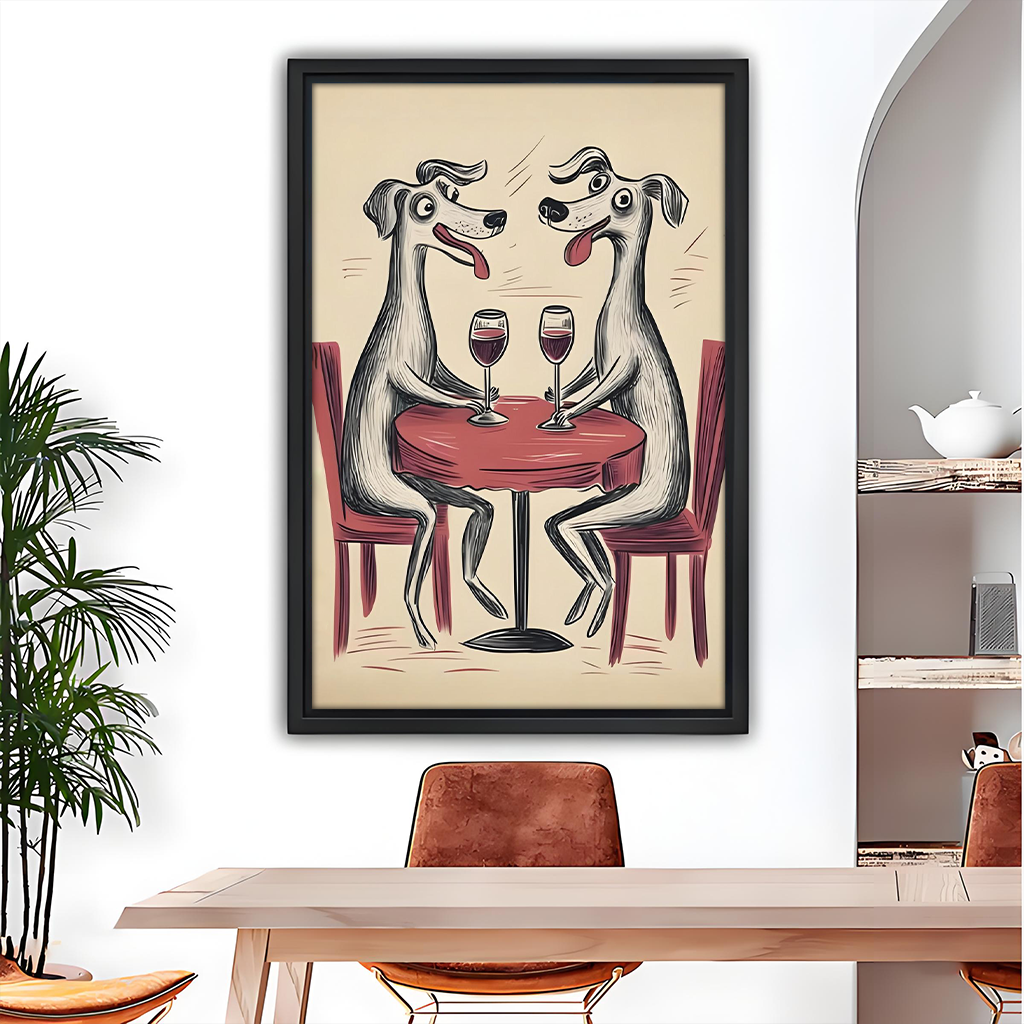 Funny dog wine date framed wall art print in dining roo