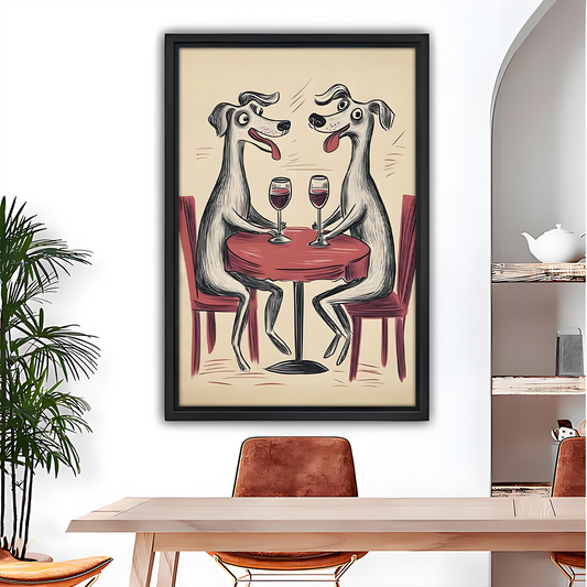 Funny dog wine date framed wall art print in dining roo