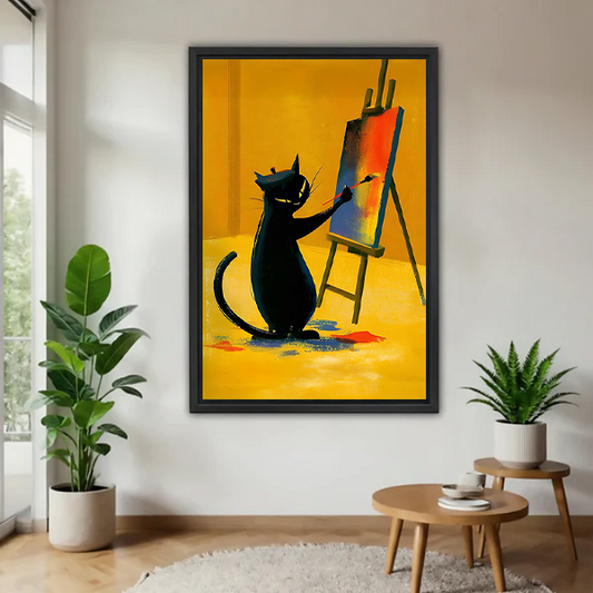 Black cat artist painting on easel — framed colorful canvas wall art in modern living room