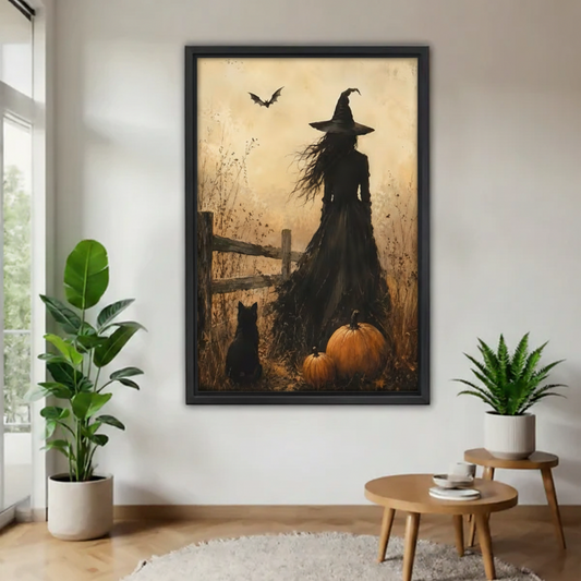 Gothic witch silhouette with pumpkin framed canvas wall art — vintage Halloween oil painting style, living room wall decor