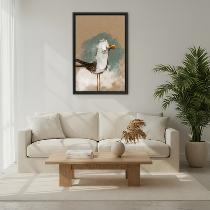 Vintage seagull framed wall art above beige sofa — minimalist coastal living room decor