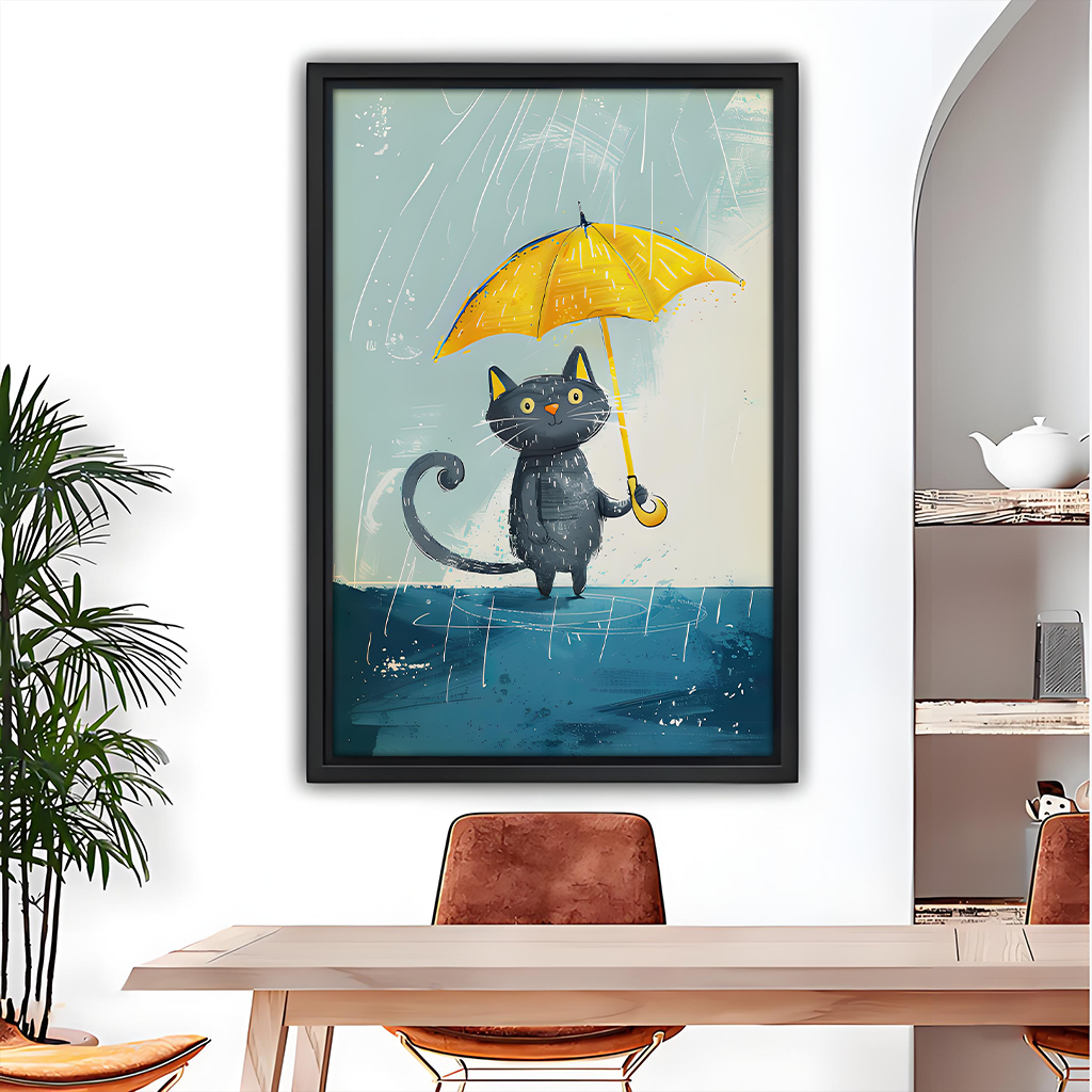 Cute black cat yellow umbrella rain wall art print in black frame, dining room decor