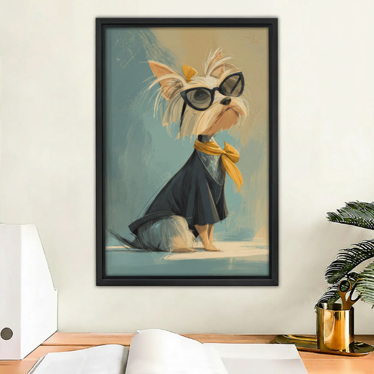 Chic Yorkie Sunglasses Art Print in Office Setting – Vintage Fashion Framed Wall Decor for Workspace and Study